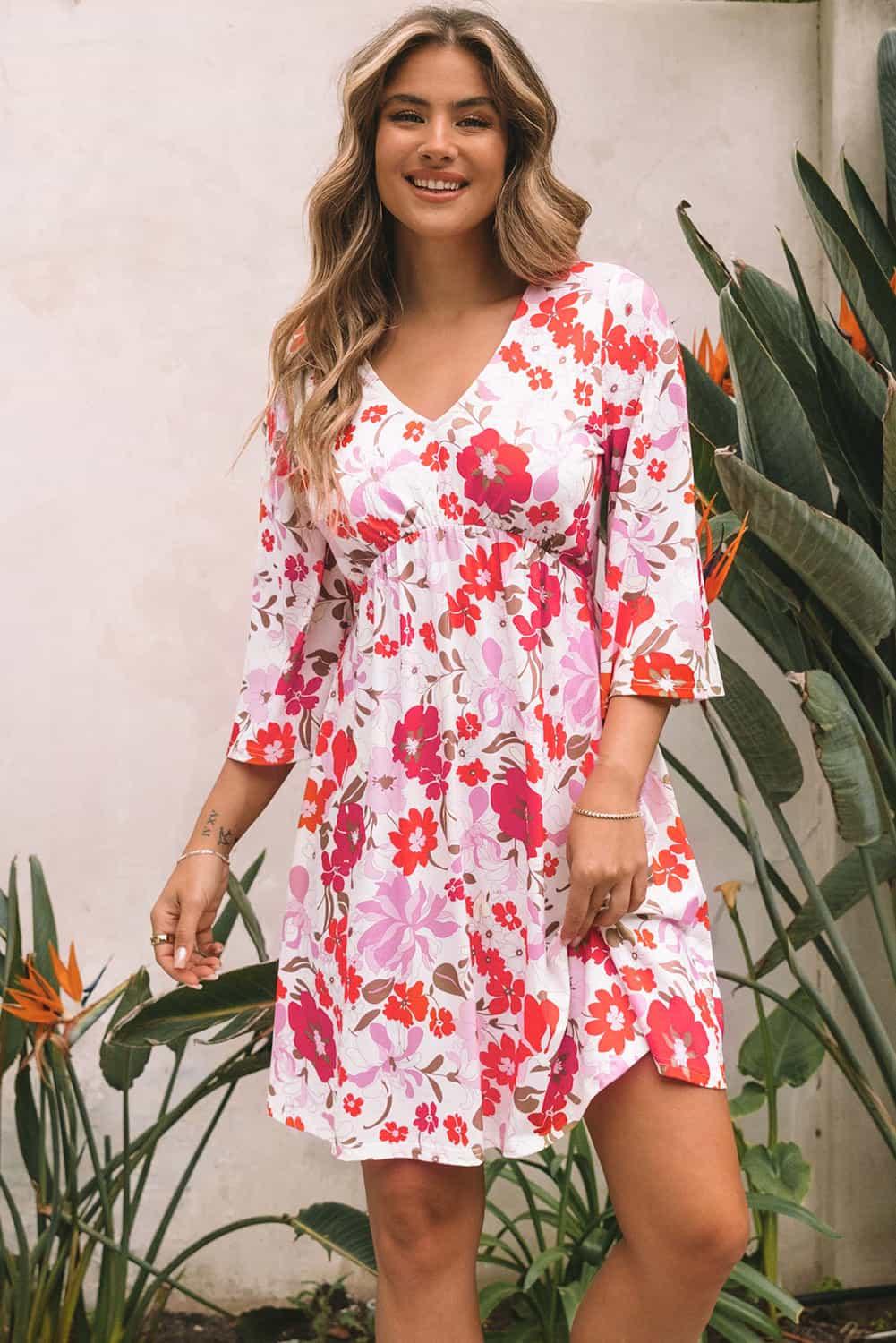 V Neck Floral Dress with 3/4 Sleeves Floral Dresses MyDresses 