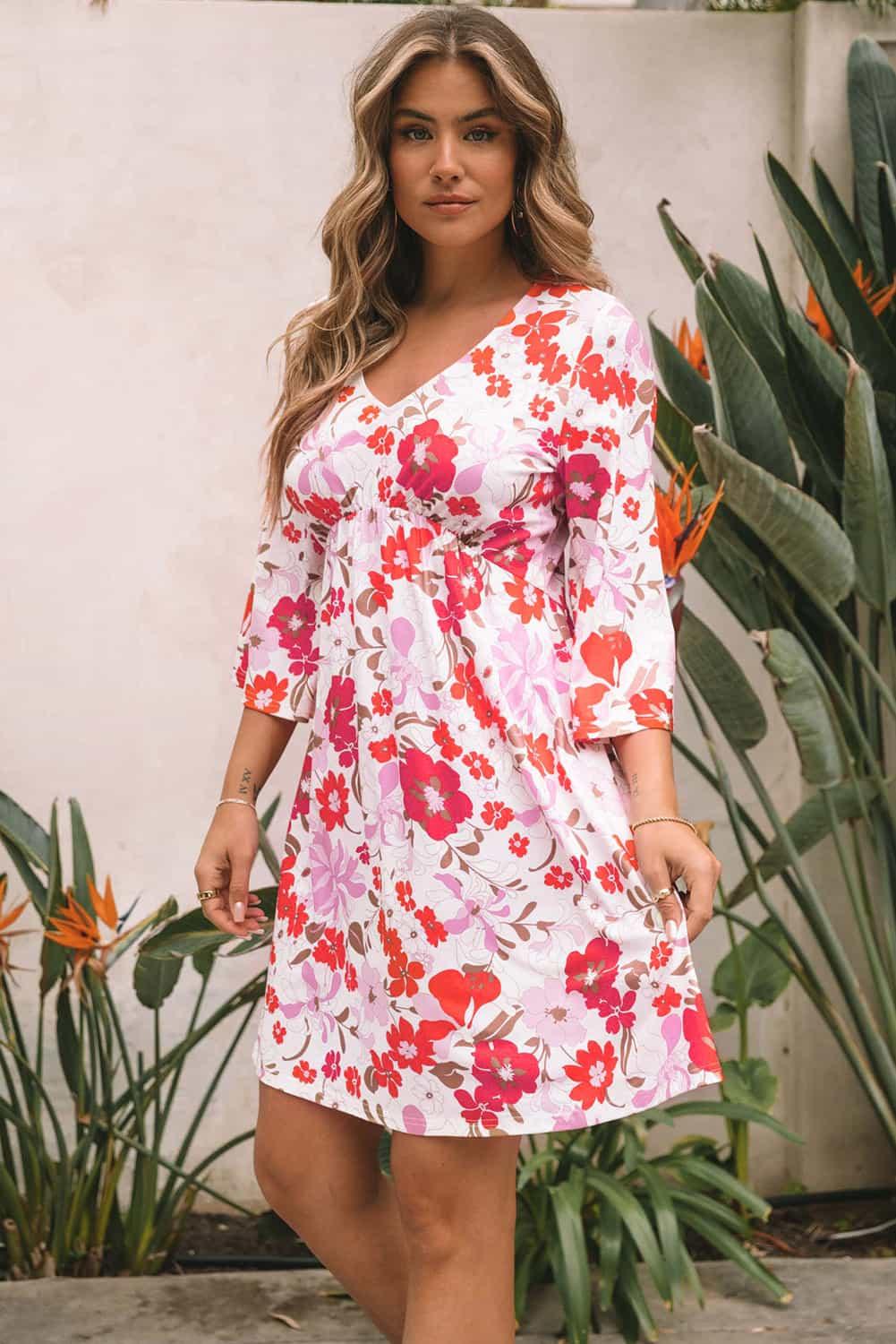 V Neck Floral Dress with 3/4 Sleeves Floral Dresses MyDresses 