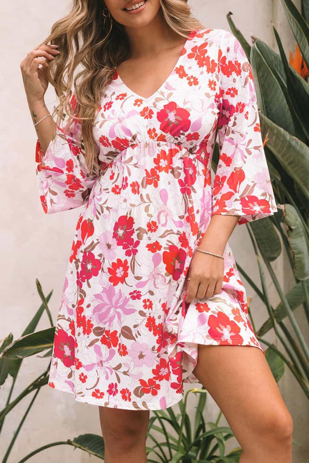 V Neck Floral Dress with 3/4 Sleeves Floral Dresses MyDresses Orange 8 | S 