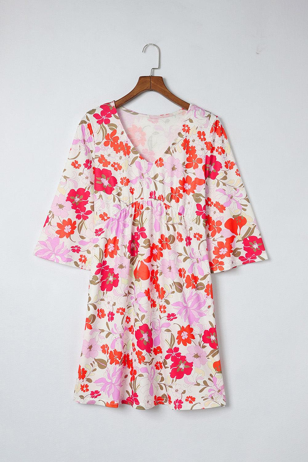 V Neck Floral Dress with 3/4 Sleeves Floral Dresses MyDresses 