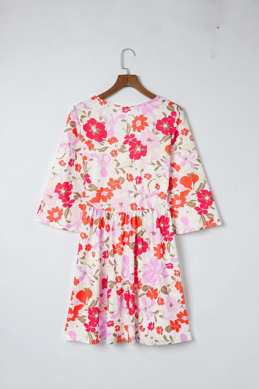 V Neck Floral Dress with 3/4 Sleeves Floral Dresses MyDresses 