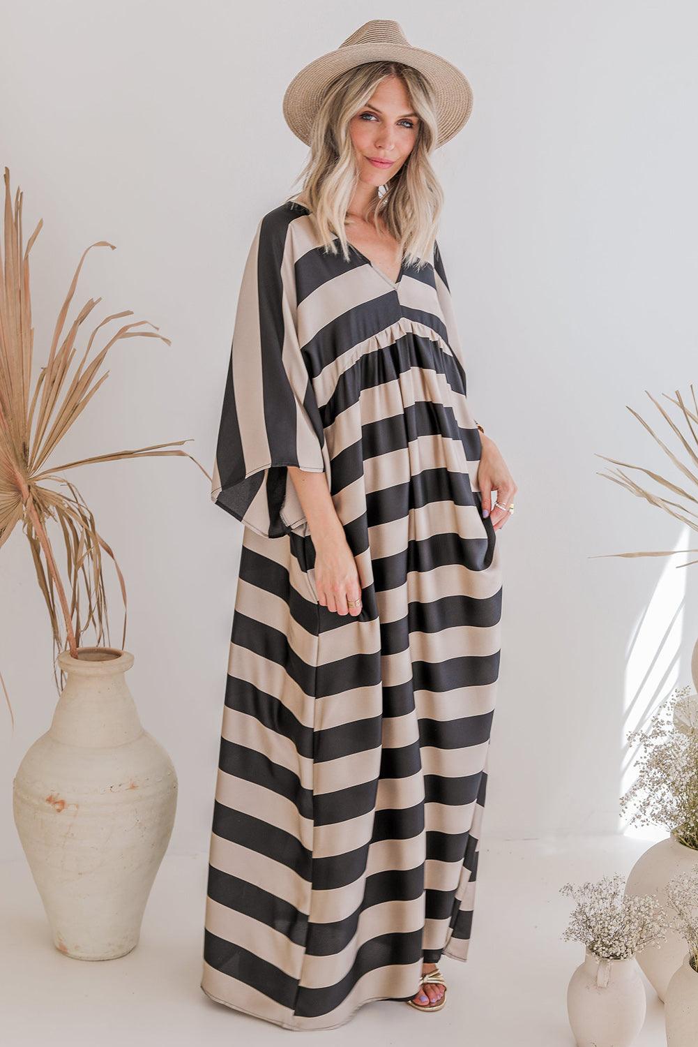 V Neck Kimono Sleeve Striped Maxi Dress Maxi Dresses MyDresses 