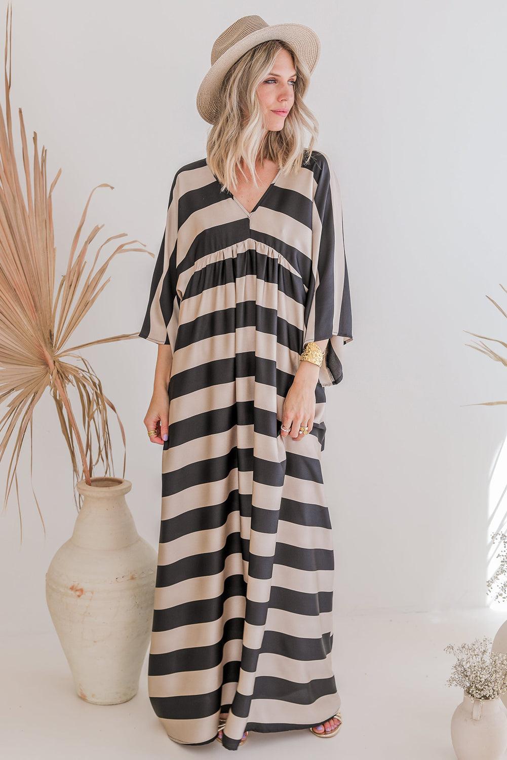 V Neck Kimono Sleeve Striped Maxi Dress Maxi Dresses MyDresses 