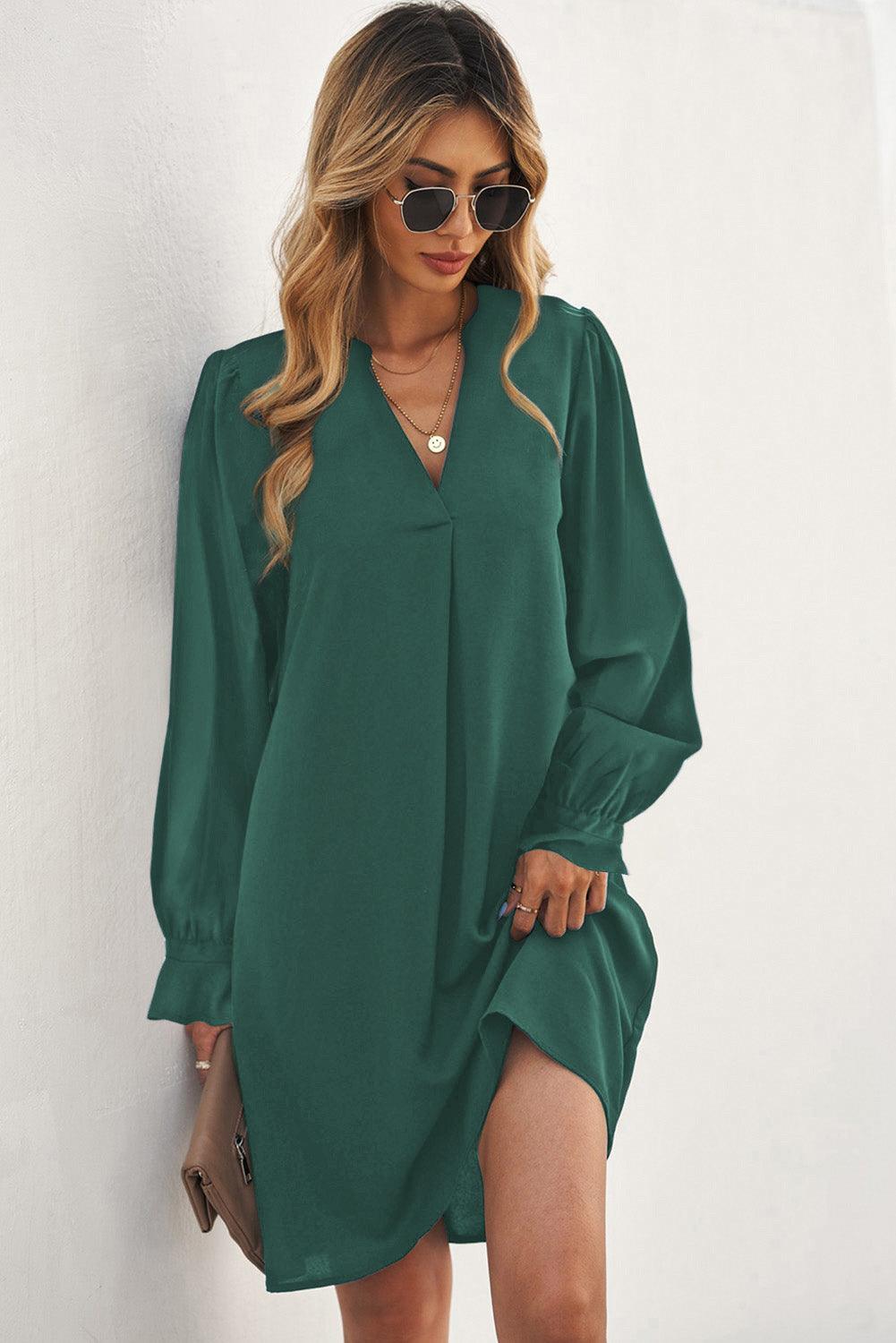 V Neck Ruffled Sleeve Shirt Dress Mini Dresses MyDresses 