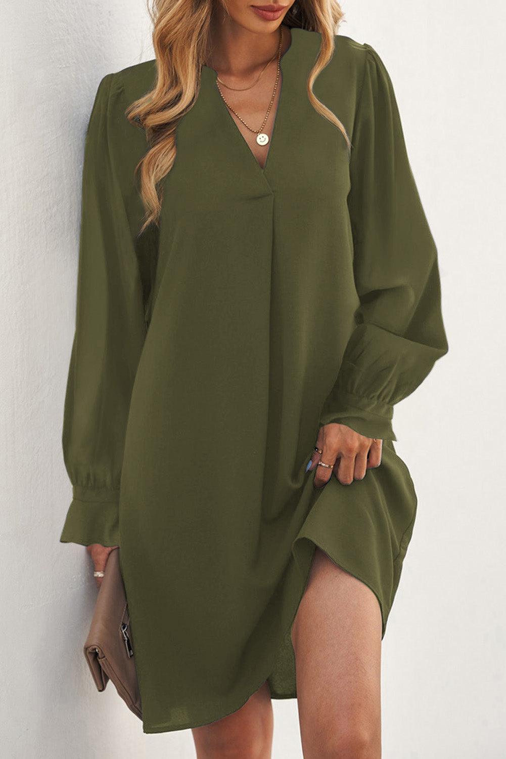 V Neck Ruffled Sleeve Shirt Dress Mini Dresses MyDresses Moss Green 8 | S 