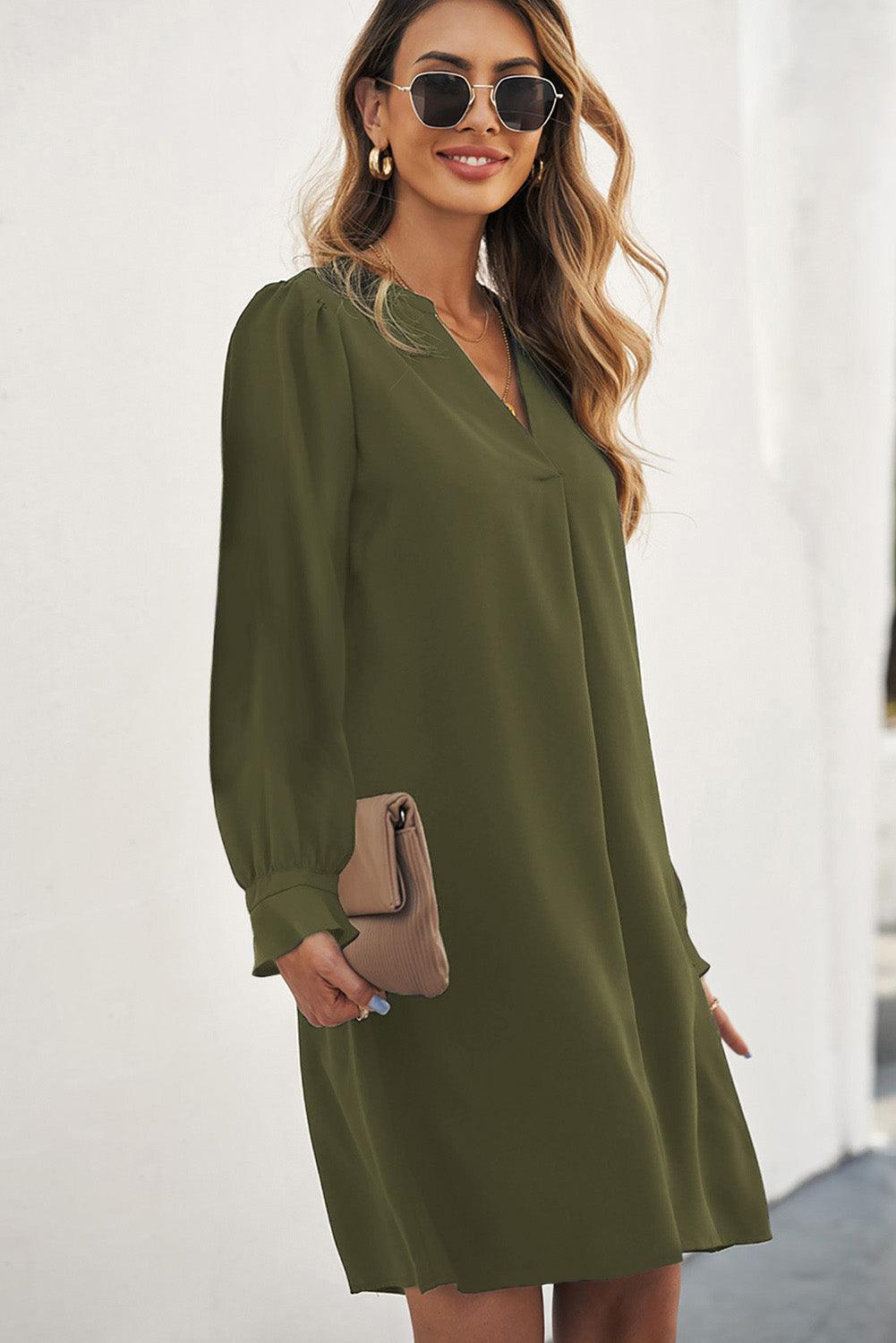 V Neck Ruffled Sleeve Shirt Dress Mini Dresses MyDresses 