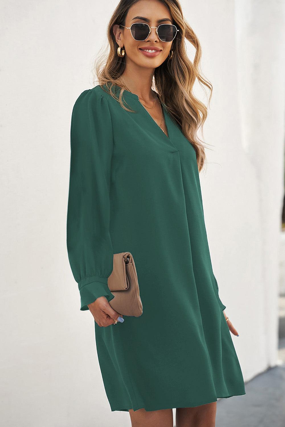 V Neck Ruffled Sleeve Shirt Dress Mini Dresses MyDresses 