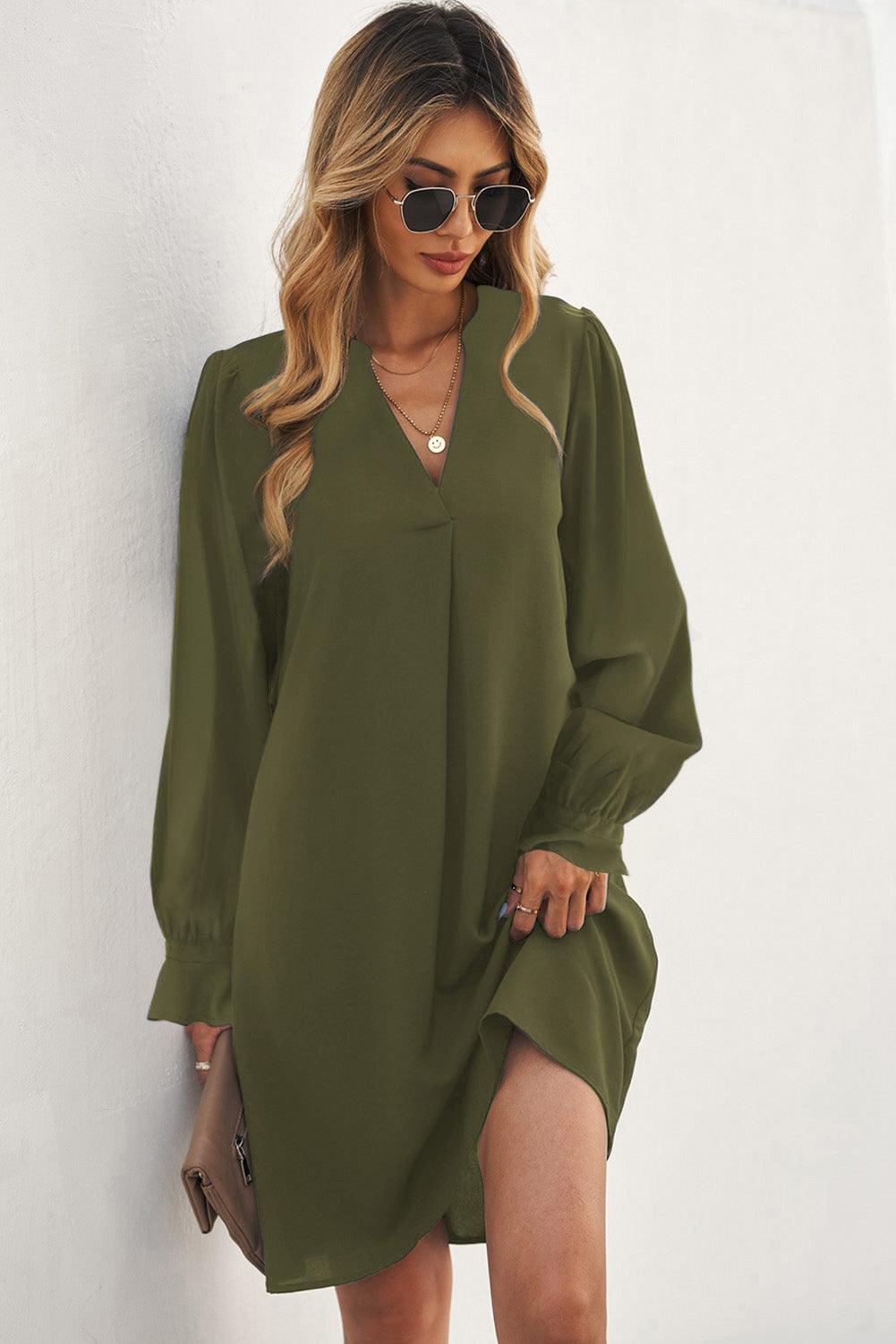 V Neck Ruffled Sleeve Shirt Dress Mini Dresses MyDresses 