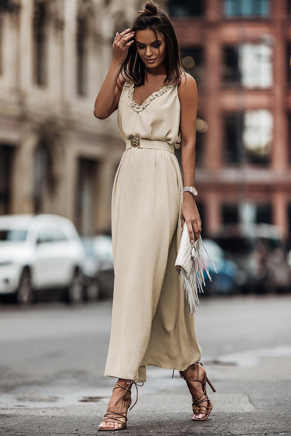 V Neck Sleeveless Maxi Dress with Belt Maxi Dresses MyDresses 