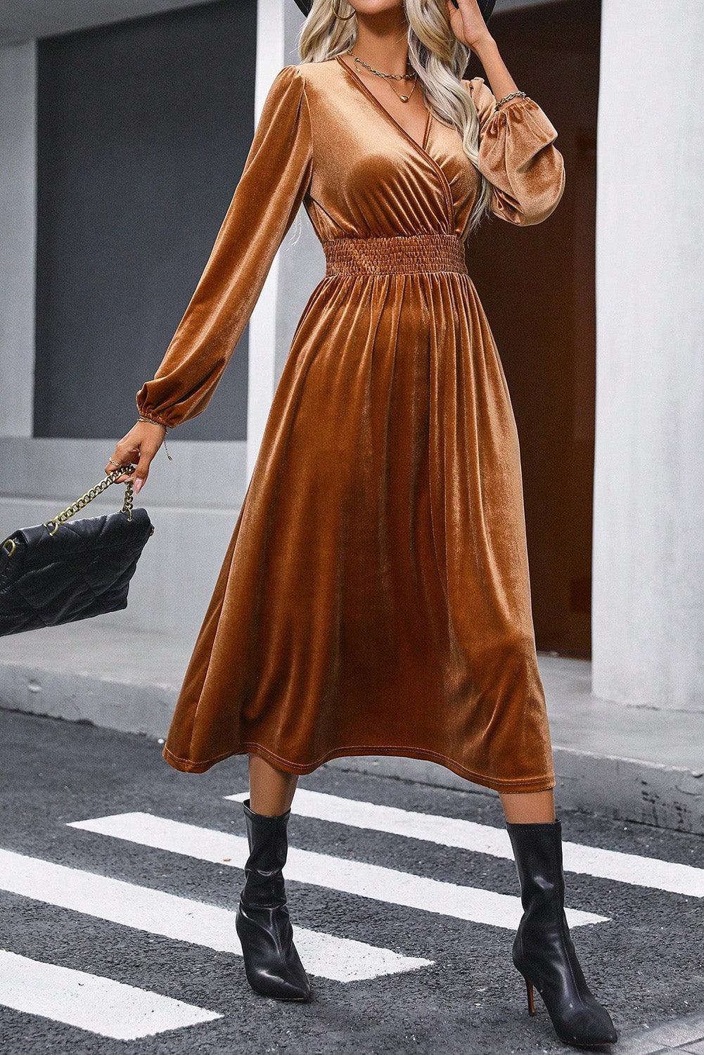 V Neck Smocked Velvet Midi Wrap Dress Midi Dresses MyDresses 