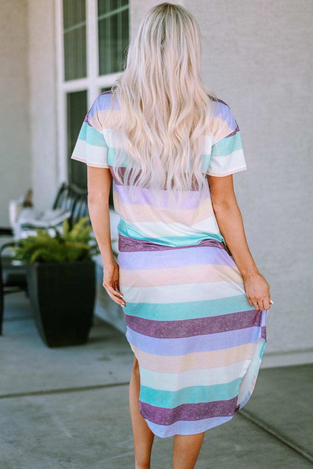 Stripe Block V-Neck Midi T-Shirt Dress Midi Dresses MyDresses 