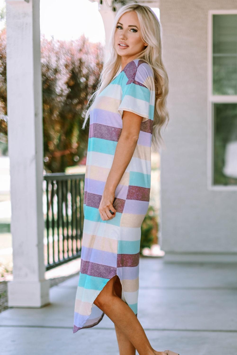 Stripe Block V-Neck Midi T-Shirt Dress Midi Dresses MyDresses 