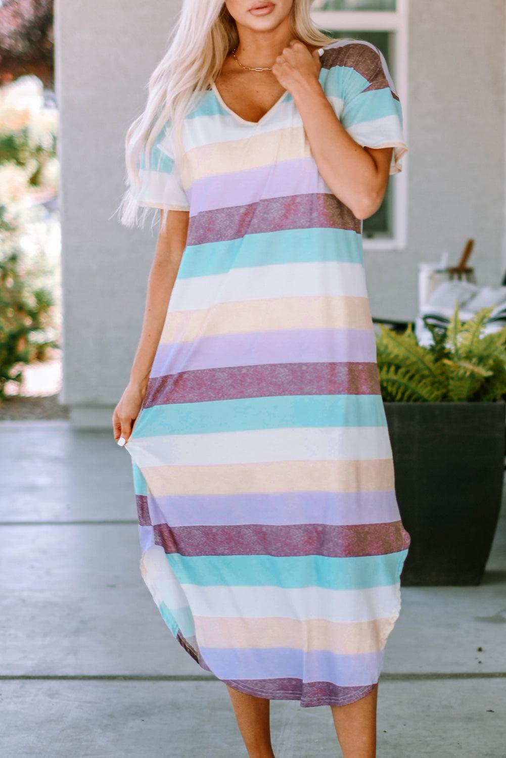 Stripe Block V-Neck Midi T-Shirt Dress Midi Dresses MyDresses Stripe 8 | S 