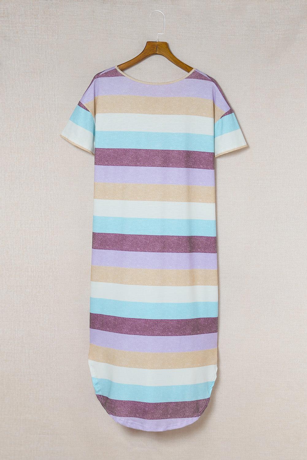 Stripe Block V-Neck Midi T-Shirt Dress Midi Dresses MyDresses 