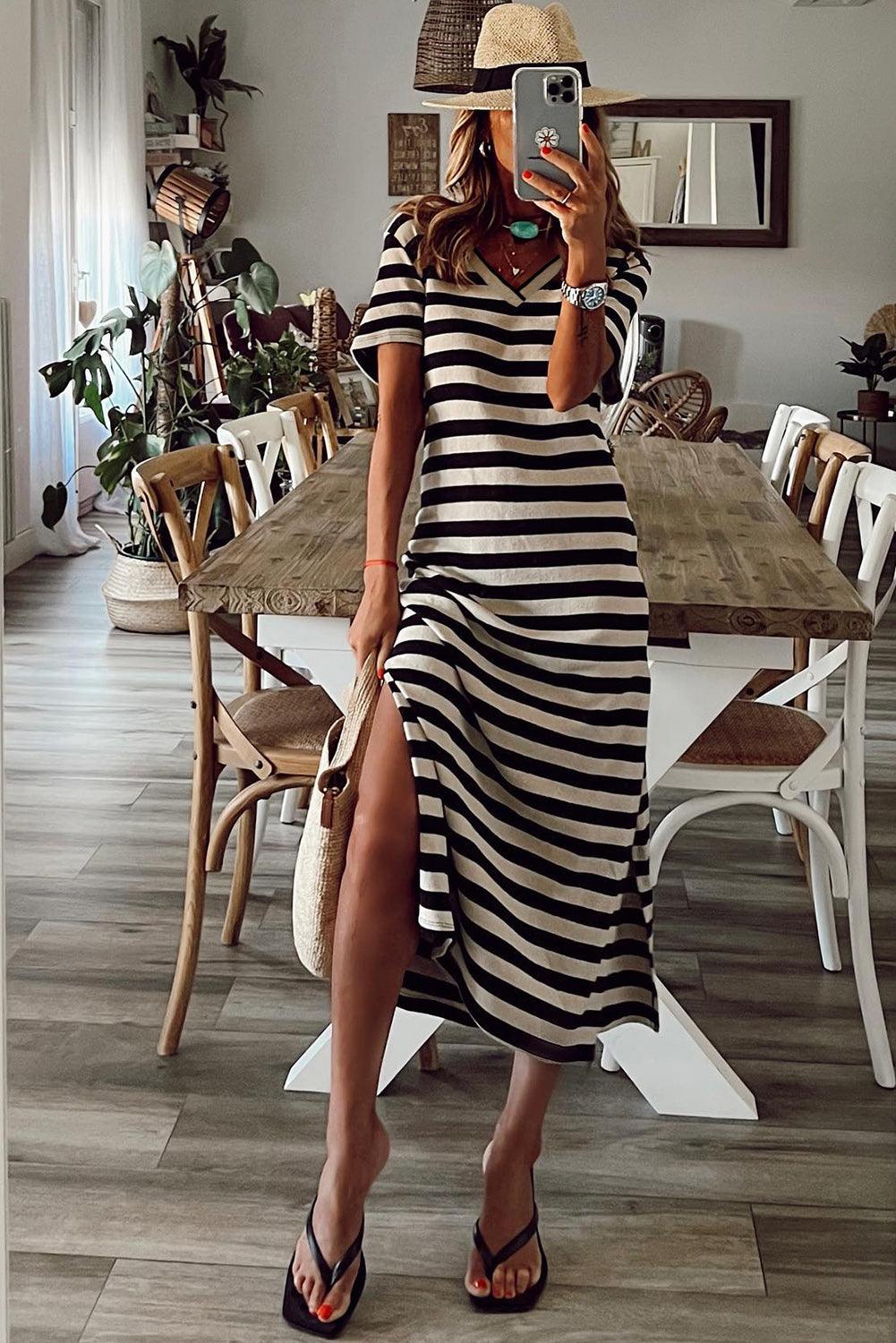 V Neck Stripe Maxi Dress with Side Splits Maxi Dresses MyDresses 