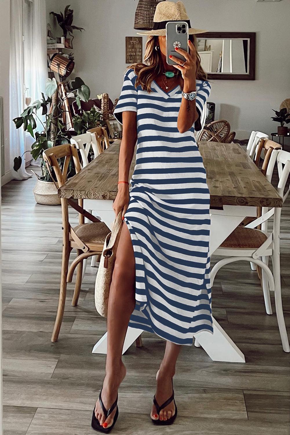 V Neck Stripe Maxi Dress with Side Splits Maxi Dresses MyDresses 