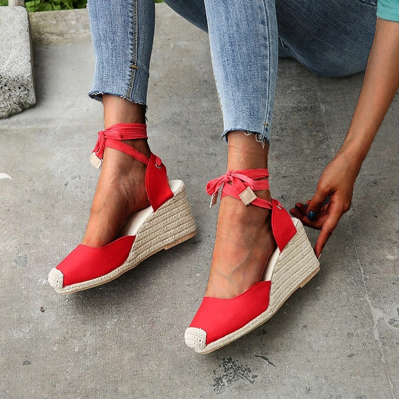 Tie-Up Lace Wedge Sandals with Espadrille Heel Sandals MyDresses Red 4