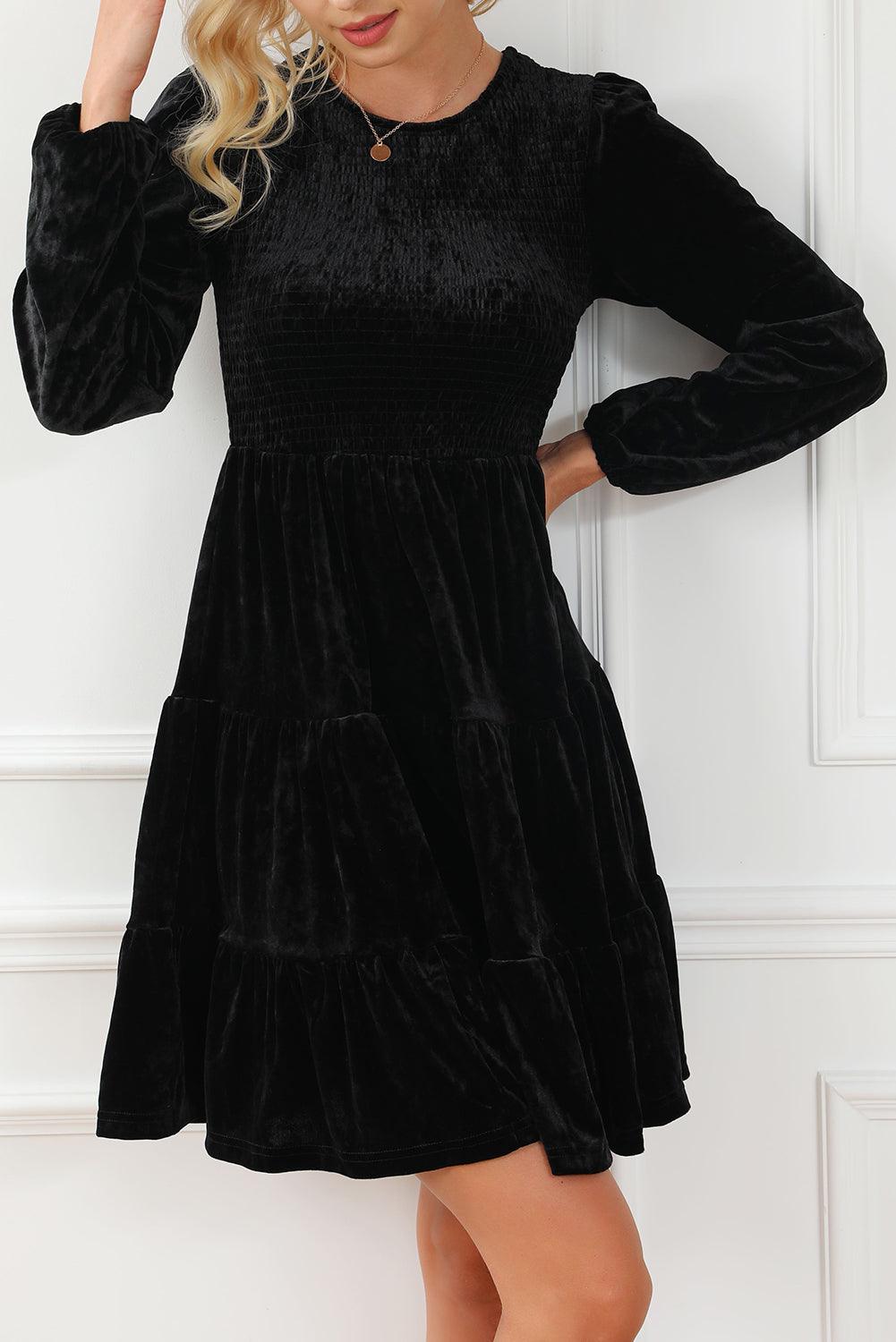 Velvet Smocked Puff Sleeve Ruffle Dress Mini Dresses MyDresses Black 8 | S 