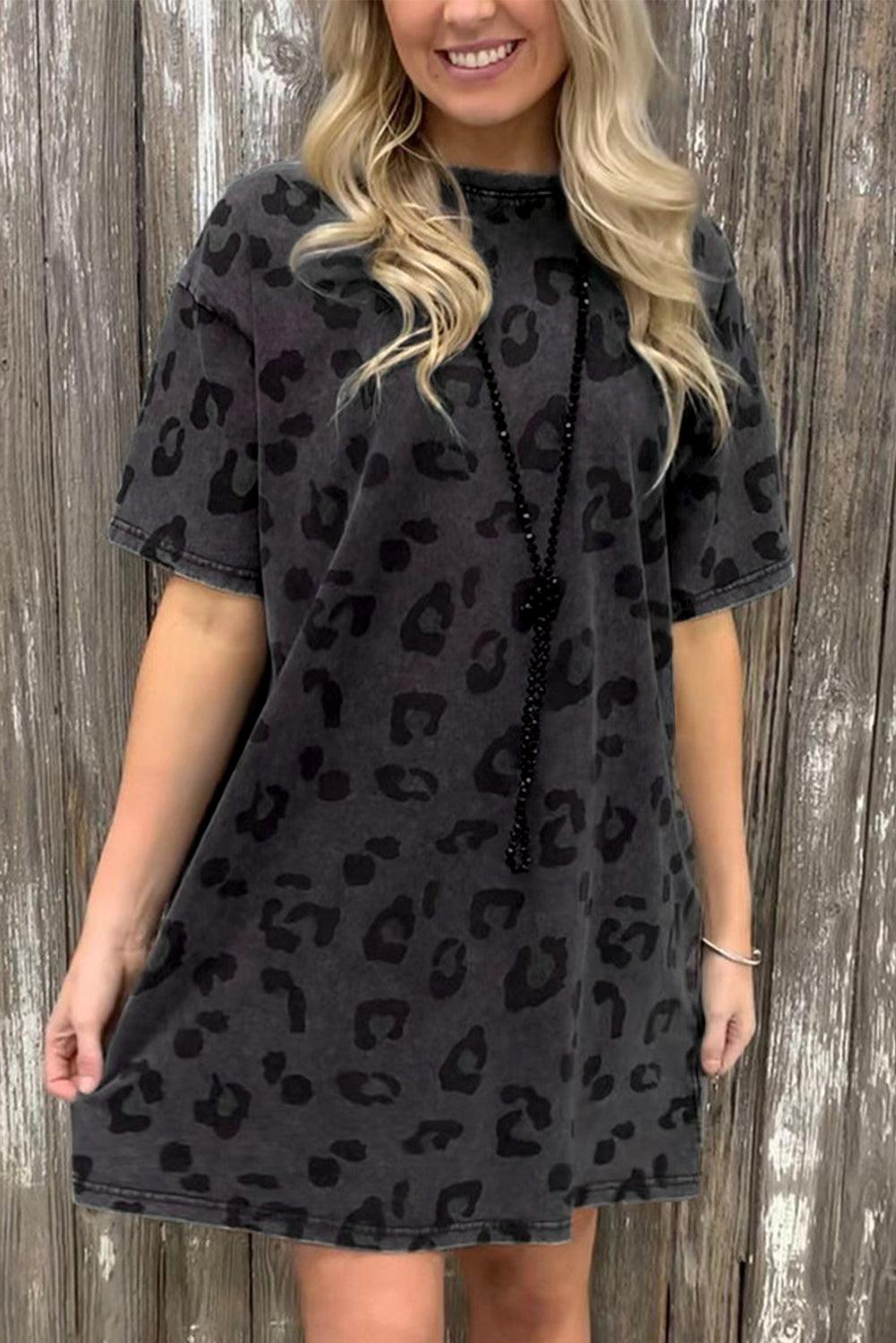 Vintage Leopard Tee Dress with Pockets T Shirt Dresses MyDresses Grey 8 | S 