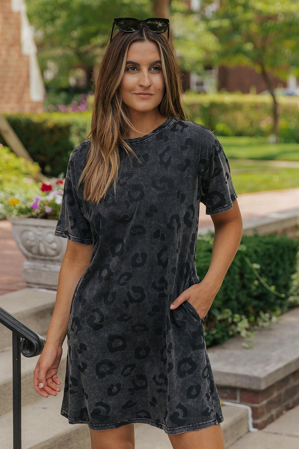 Vintage Leopard Tee Dress with Pockets T Shirt Dresses MyDresses 