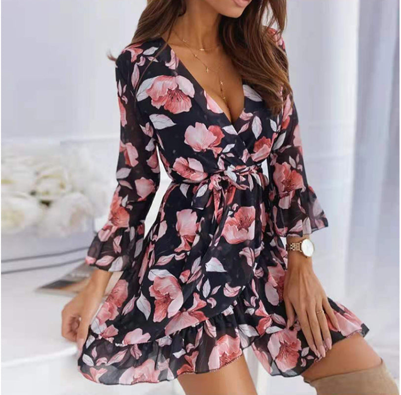 Floral Print Mini Dress with V-Neck and Ruffled Hem Mini Dresses MyDresses Black 8 | S 