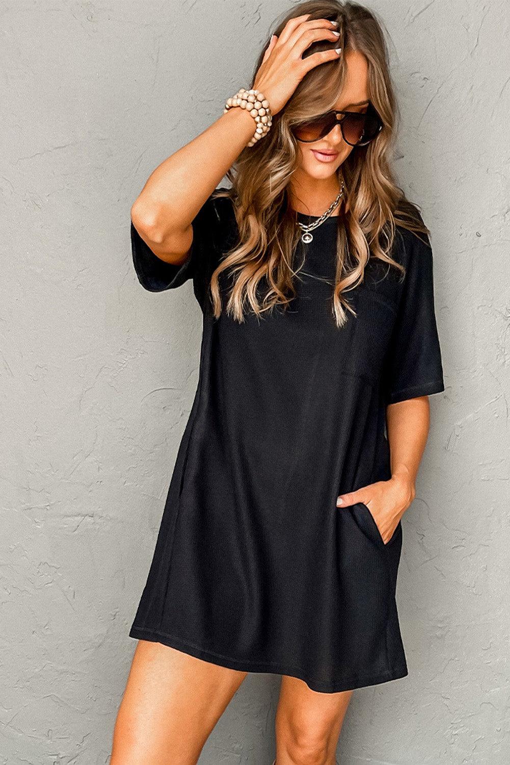 Waffle Knit Tee Dress with Pockets T Shirt Dresses MyDresses 