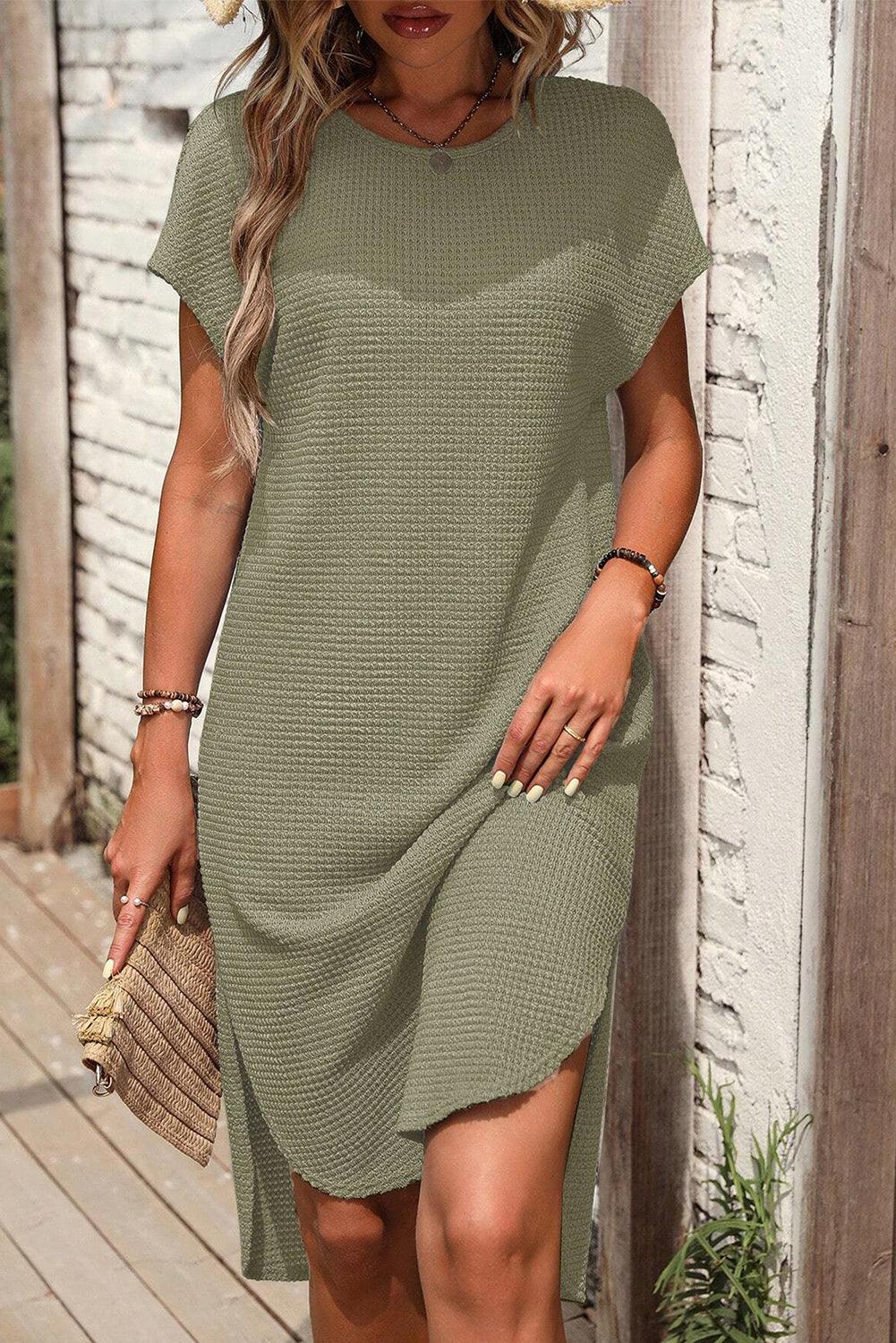 Waffle Texture Curved Hem T-shirt Dress with Side Slit Midi Dresses MyDresses Jungle Green 8 | S 