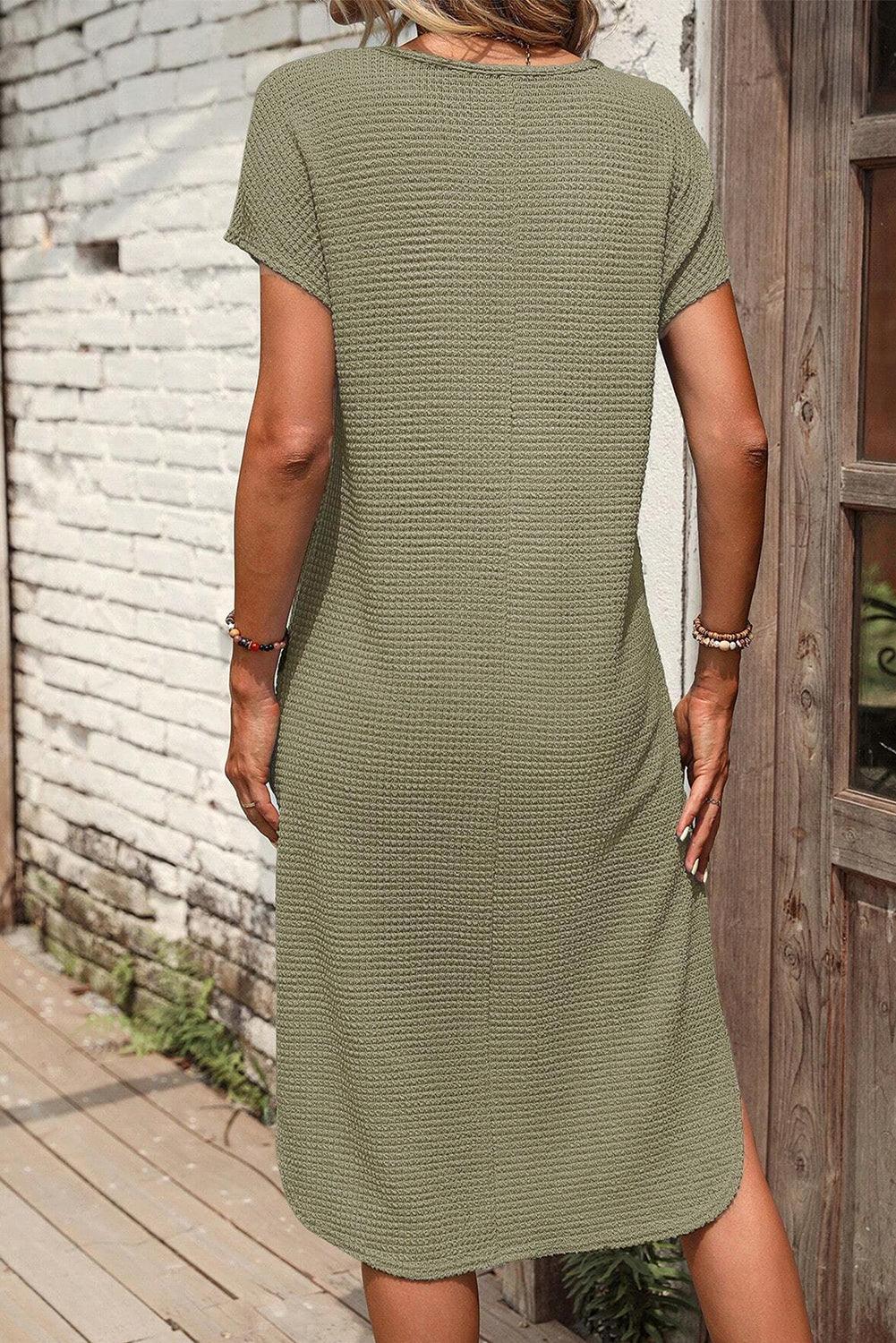 Waffle Texture Curved Hem T-shirt Dress with Side Slit Midi Dresses MyDresses 