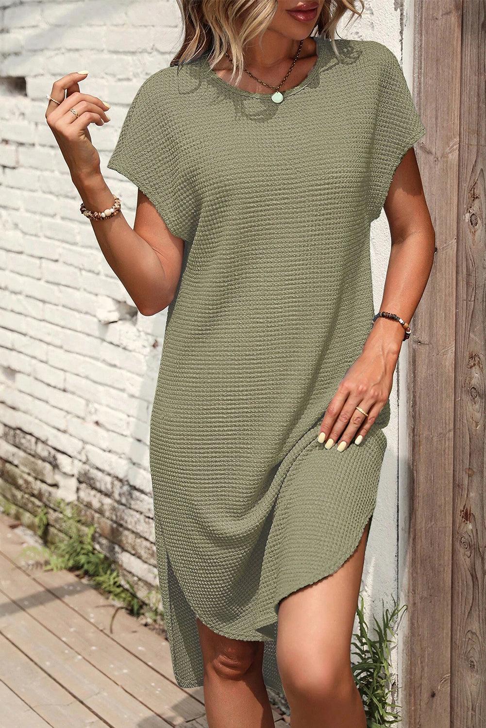 Waffle Texture Curved Hem T-shirt Dress with Side Slit Midi Dresses MyDresses 